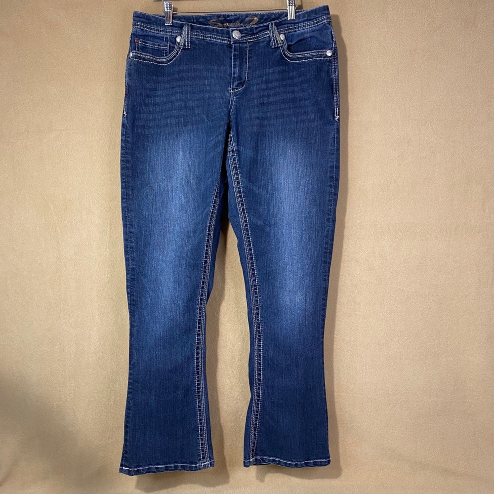 Seven7 Bootcut Jeans Women's Sz12 Blue Contrast Stitch Embroidered Pockets EUC